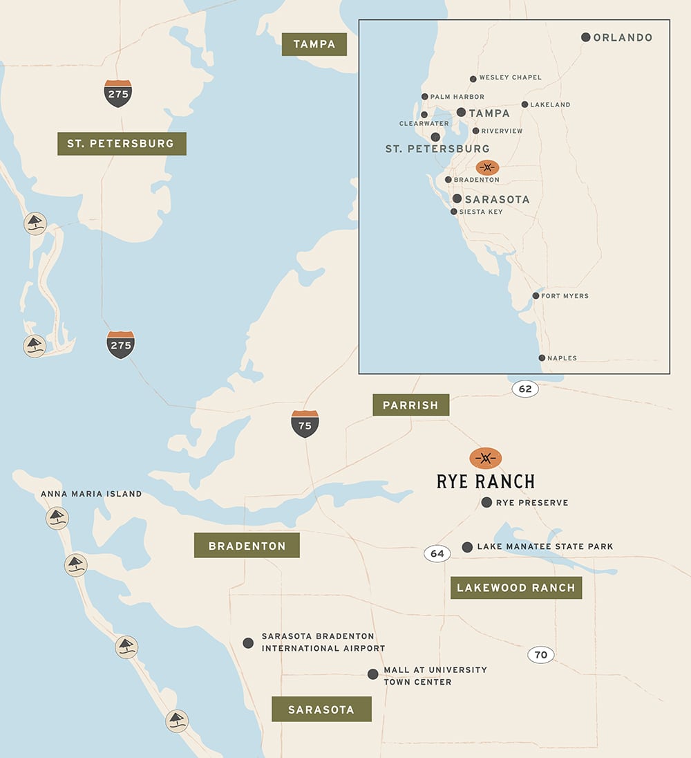 A map showing the proximity of Rye Ranch within the greater Tampa Bay area