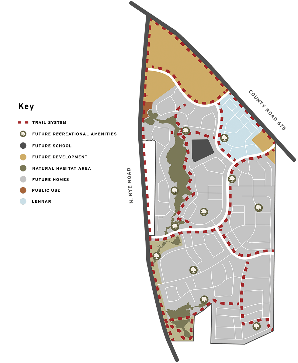 Map of the Rye Ranch community showing trails, amenities, streets and natural habitat areas