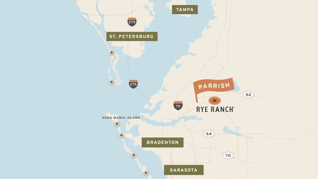 graphic map of the Tampa Bay and Sarasota-Bradenton Florida region showing major roadways and waterways with the town of Parrish to the east and the Rye Ranch community's location - homebuyers are choosing Parrish Florida