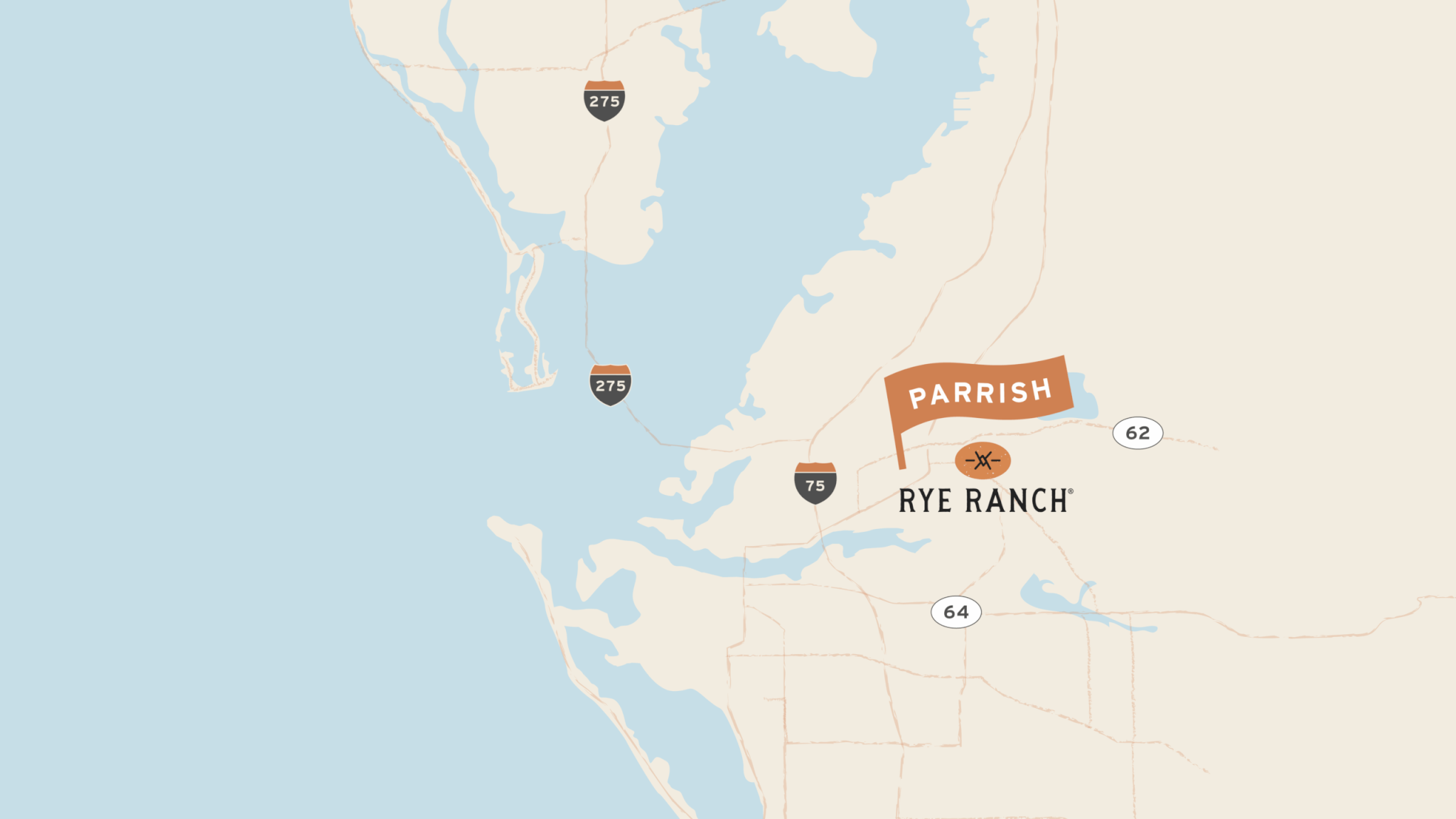 graphic map of the Tampa Bay and Sarasota-Bradenton Florida region showing major roadways and waterways with the town of Parrish to the east and the Rye Ranch community's location - homebuyers are choosing Parrish Florida